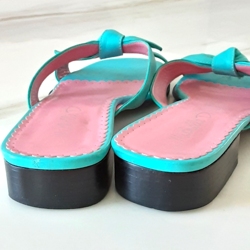 VTG 90s MICHELLE D TEAL LEATHER BOW TIE SLIDES SZ 9M - Picture 5 of 6